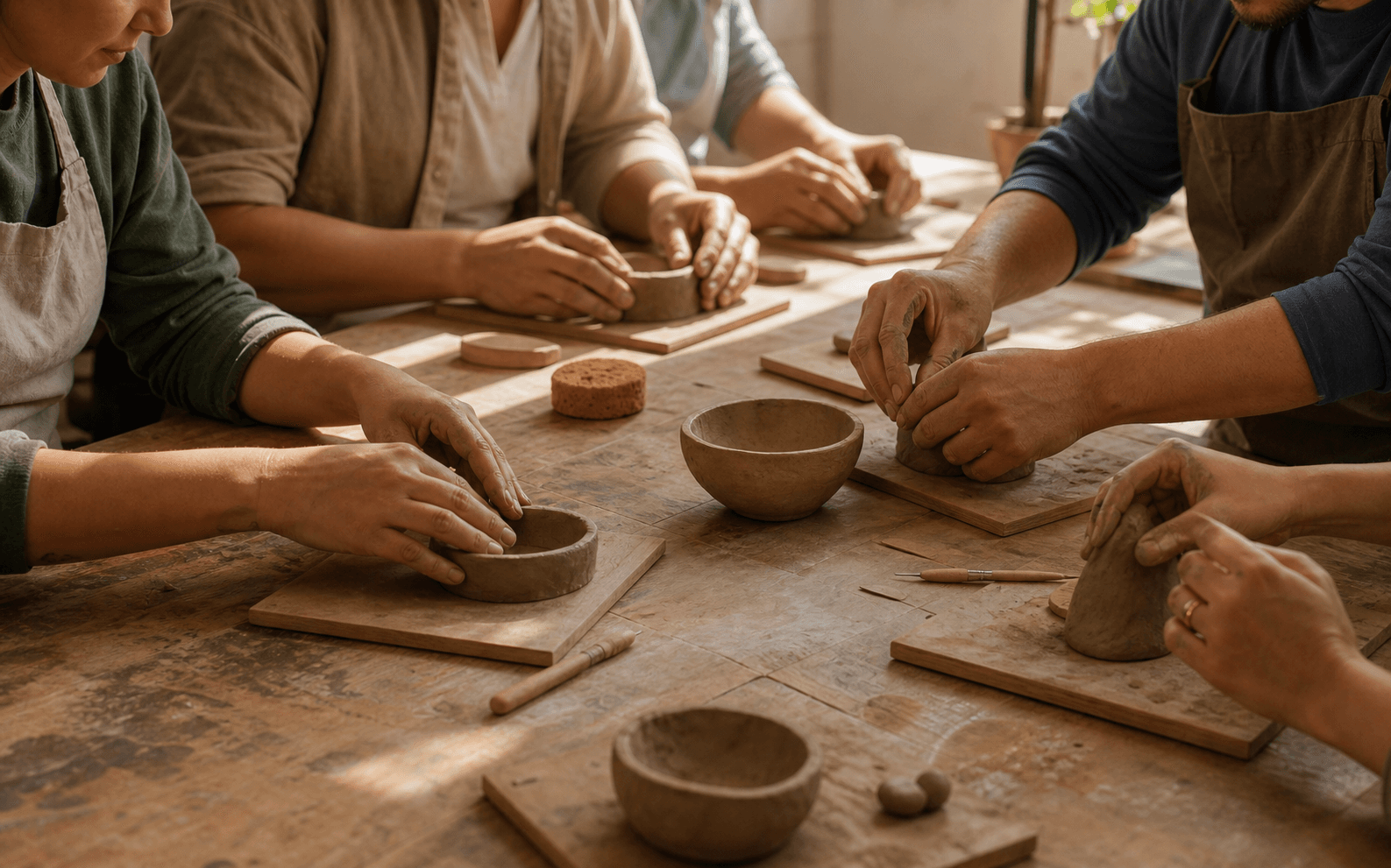 Personas modelando piezas de barro alrededor de una mesa de taller