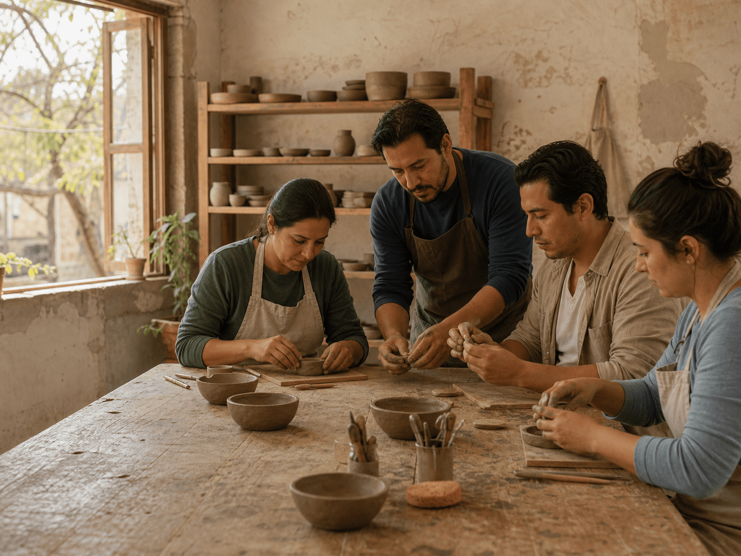Un grupo pequeño aprendiendo cerámica en un taller luminoso